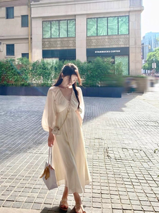 月光女神 仙仙天丝连衣裙女春季新款中长款气质长袖裙子