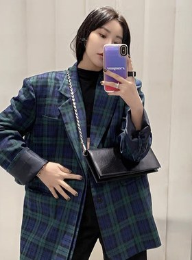 秋季新款女装绿色格子西装外套女宽松长袖春秋外套