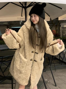 冬天韩系羊羔毛外套女连帽小个子中长款加绒加厚宽松大衣