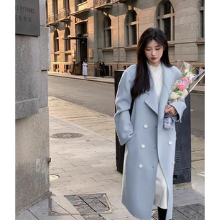 灰蓝色气质双排扣长款羊毛大衣女秋冬小个子双面呢毛呢外套