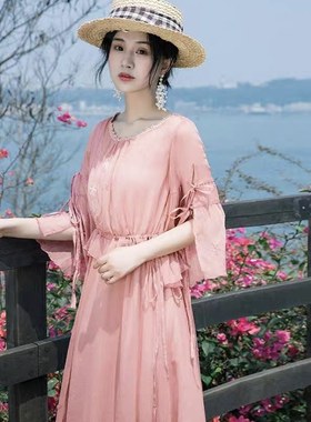 烟花烫小个子粉色雪纺裙子女春夏新款法式收腰连衣裙 橙果