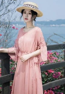烟花烫小个子粉色雪纺裙子女春夏新款法式收腰连衣裙 橙果