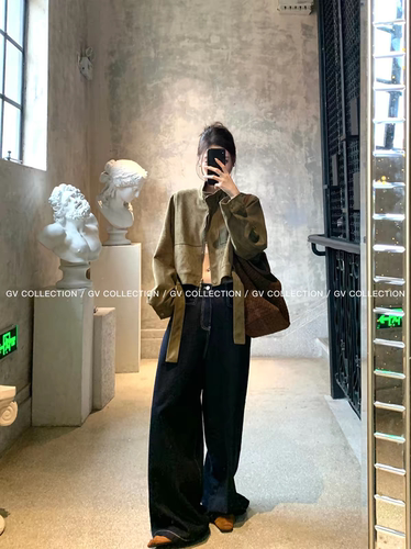 极简主义 立领麂皮短款夹克上衣秋季新款酷飒短外套女