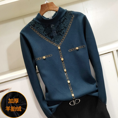蕾丝加厚绒洋气小衫纽扣