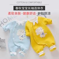 Áo sơ mi cotton cho bé mùa xuân và mùa thu 6-9 tháng Nam và nữ Baby romper tay dài lưới đỏ quần áo ấm cho bé 5 - Áo liền quần áo trẻ em