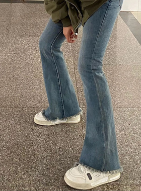 蓝色毛边微喇牛仔裤女春季新款大码胖mm高腰弹力显瘦梨形身材裤子