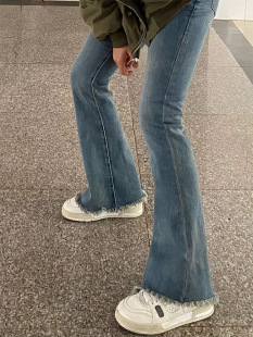大码 蓝色毛边微喇牛仔裤 女春季 新款 子 胖mm高腰弹力显瘦梨形身材裤