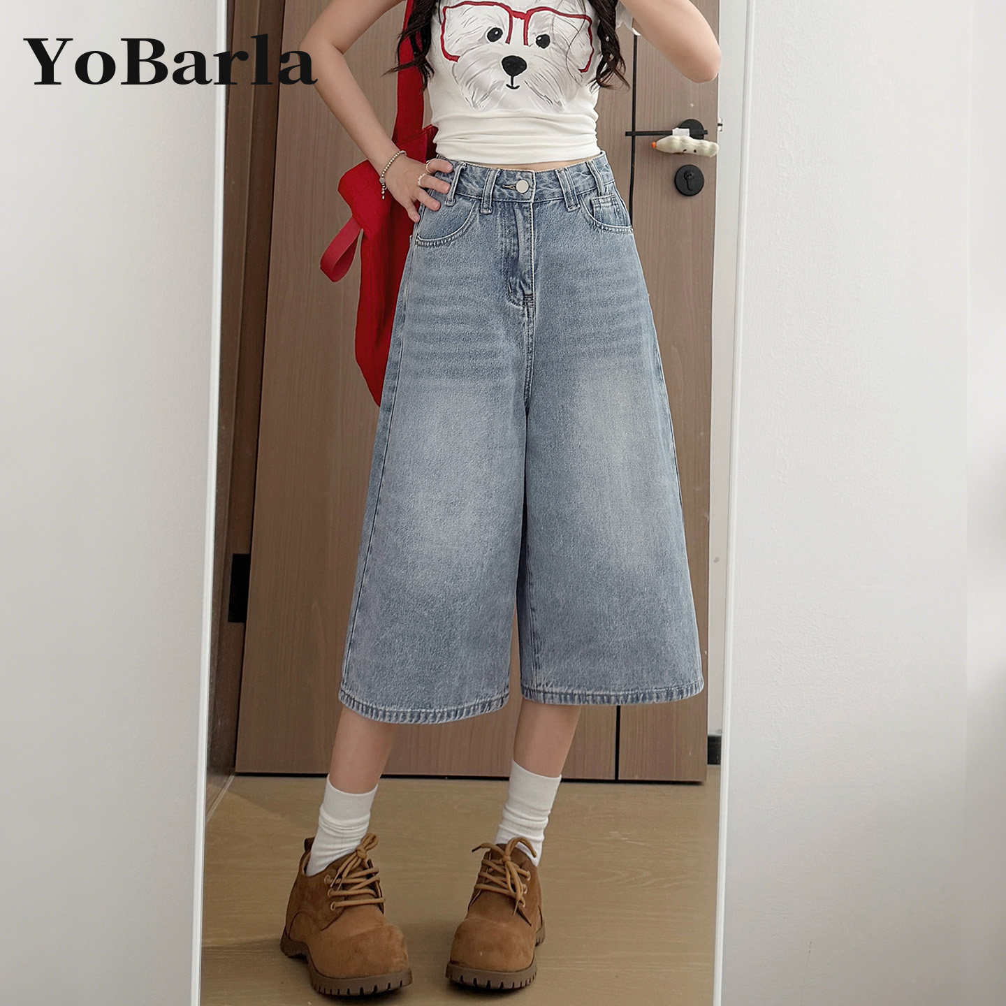 浅色阔腿牛仔七分裤女大码夏季新款胖mm宽松梨型身材显瘦直筒裤子