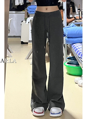 深灰色微喇休闲裤女春季新款宽松胖mm大码显瘦梨形身材喇叭卫裤子