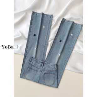 宽松显瘦阔腿裤 星星刺绣直筒牛仔裤 胖mm大码 新款 子 女梨形身材春季