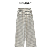 胖mm宽松显瘦慵懒垂感拖地阔腿裤 条纹直筒休闲裤 大码 新款 子 女春季