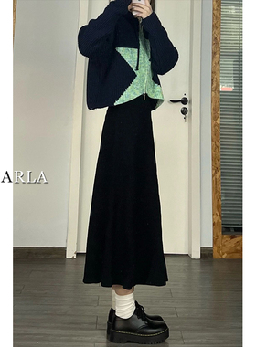 黑色毛呢半身裙女春季大码胖mm显瘦梨形身材遮胯中长款a字伞裙子