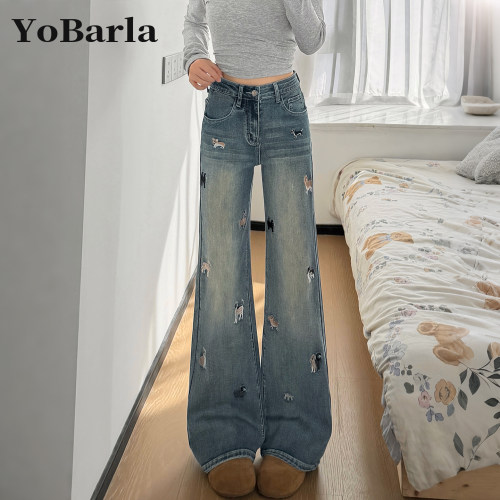 刺绣弹力高腰微喇牛仔裤女显瘦