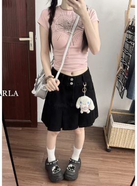 黑色百褶牛仔短裙女夏季新款大码胖mm高腰显瘦梨形身材a字半身裙