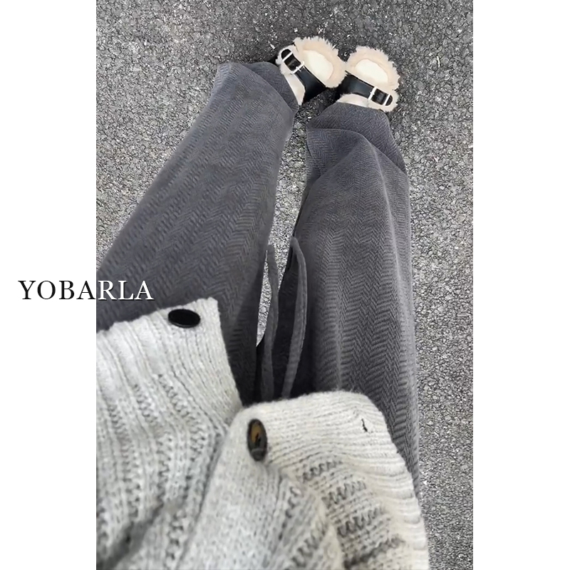 深灰色纹理感休闲裤女秋冬加绒加厚大码胖mm显瘦梨形身材直筒裤子
