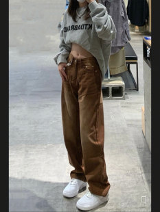 胖mm高腰显瘦宽松梨形身材阔腿裤 棕色直筒牛仔裤 大码 新款 子 女春季