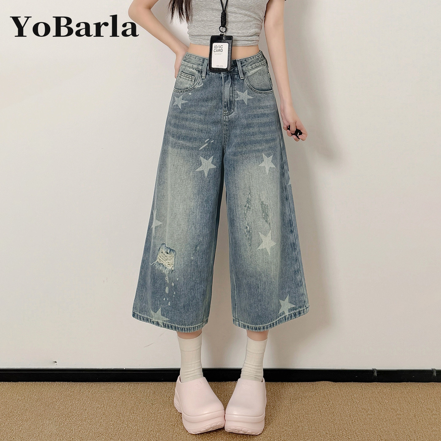 美式星星破洞七分裤女夏新款大码胖mm梨型身材宽松显瘦阔腿牛仔裤