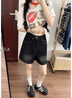 黑色弹力牛仔短裤女夏新款大码梨形身材胖mm高腰显瘦阔腿a字热裤