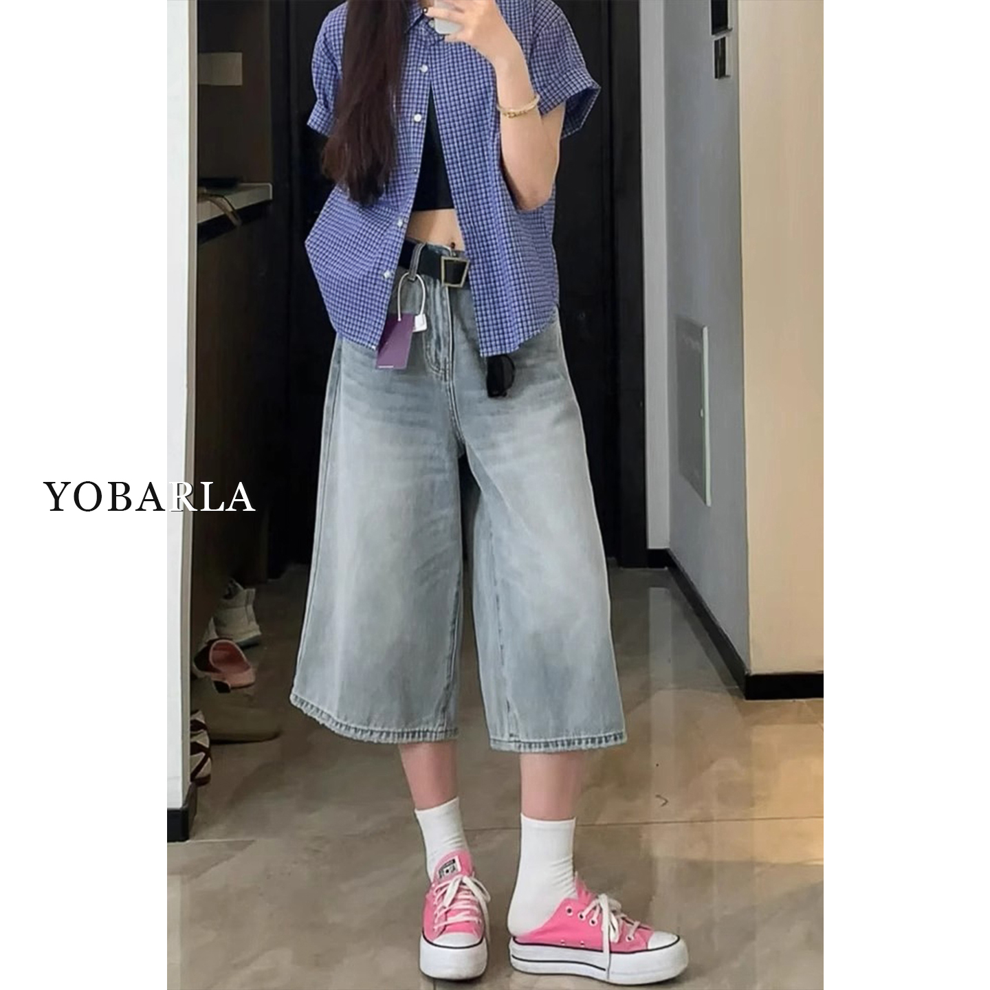 浅色阔腿七分牛仔裤女夏季新款大码胖mm梨形身材宽松显瘦直筒裤子