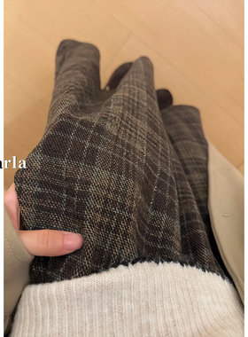 复古棕色毛呢格子半身裙女冬胖mm大码显瘦中长款梨型身材伯克利裙