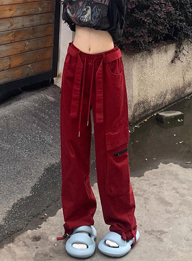 红色直筒工装裤女春季大码新款胖mm高腰宽松显瘦休闲拖地阔腿裤子