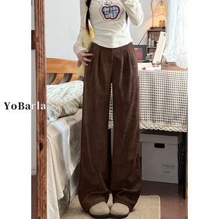胖mm显瘦宽松阔腿裤 加绒大码 子 女冬季 美拉德咖色灯芯绒直筒休闲裤