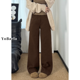 直筒裤 棕色阔腿牛仔裤 胖mm梨型身材宽松显瘦大码 新款 子 女高腰春季