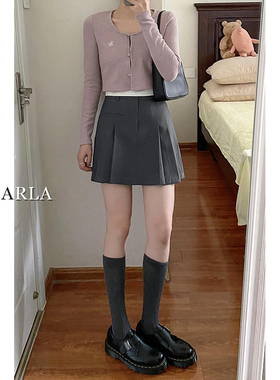 深灰色百褶西装短裙女夏季新款大码胖mm遮肚显瘦高腰a字半身裙子