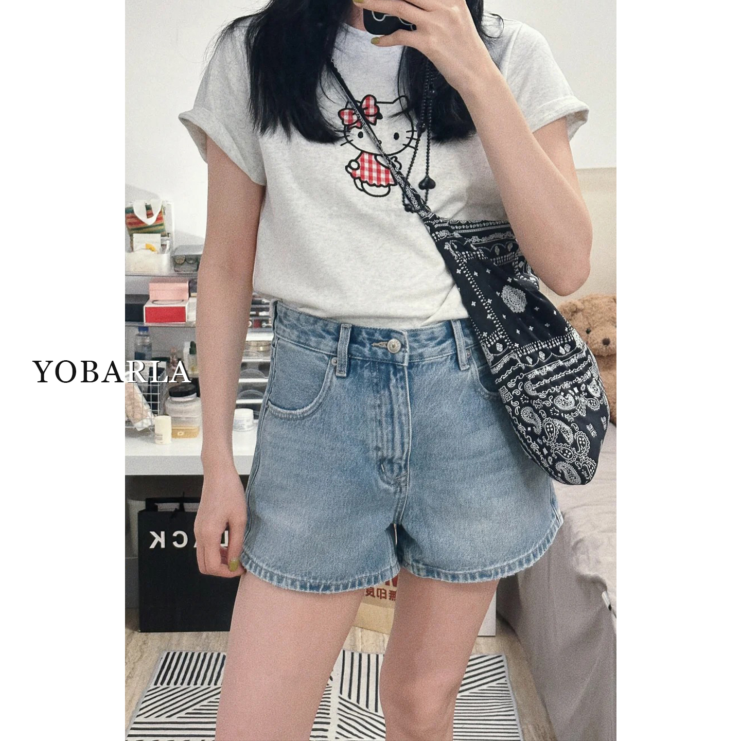 浅色牛仔短裤女夏季新款梨形身材大码胖mm遮肚子显瘦a字阔腿热裤