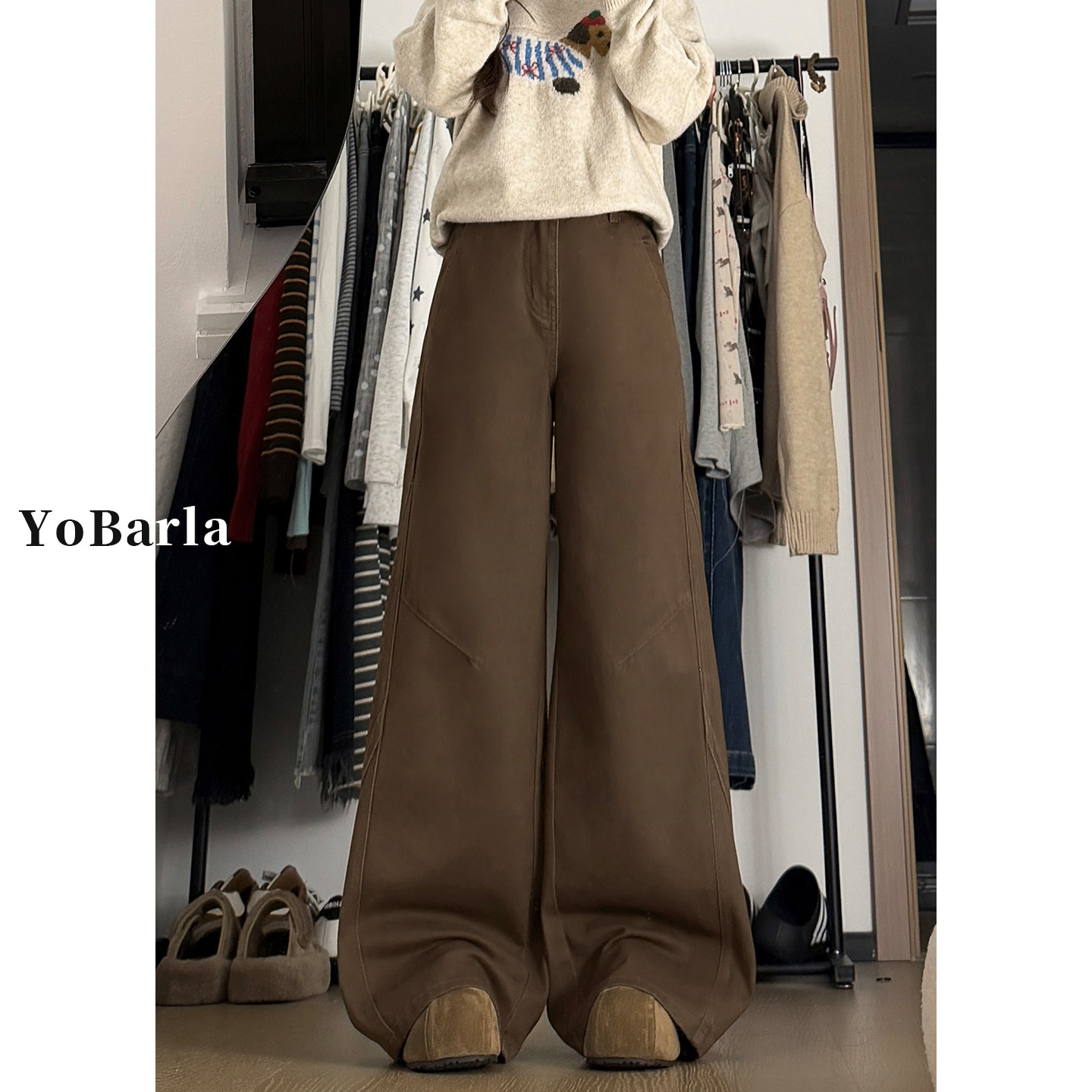 美式复古棕色阔腿牛仔裤女秋冬加绒大码胖mm宽松垂感显瘦直筒裤子,女装/女士精品,牛仔裤,淘宝优惠券,粉丝福利购,淘宝优惠卷