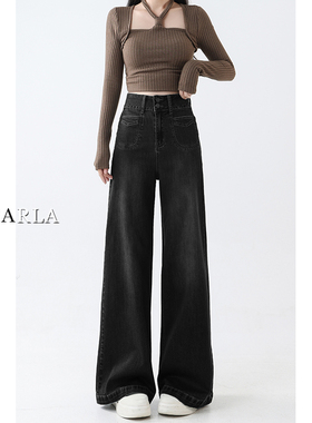 黑色直筒牛仔裤女高腰春季新款大码胖mm宽松显瘦梨形身材阔腿裤子