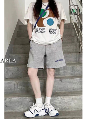 灰色五分休闲短裤女夏新款高腰大码胖mm宽松显瘦梨形身材直筒中裤