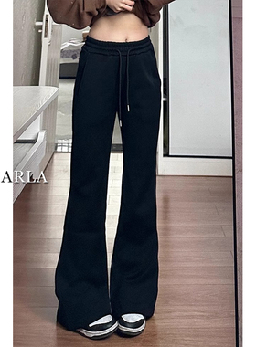 黑色微喇休闲裤女冬季加绒加厚弹力大码胖mm梨形身材显瘦运动卫裤