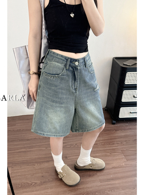 蓝色破洞牛仔短裤女夏薄款大码胖mm显瘦梨型身材高腰五分阔腿中裤