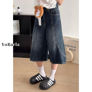 显瘦梨形身材宽松阔腿裤 复古直筒牛仔七分裤 胖mm大码 新款 子 女夏季