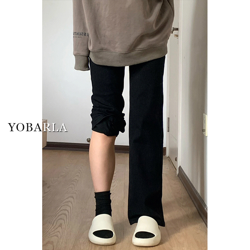 黑色微喇弹力牛仔裤女高腰春秋大码胖mm宽松显瘦梨形身材阔腿裤子