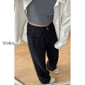 胖mm宽松显瘦梨形身材阔腿裤 黑色波点休闲裤 高腰大码 新款 子 女春季