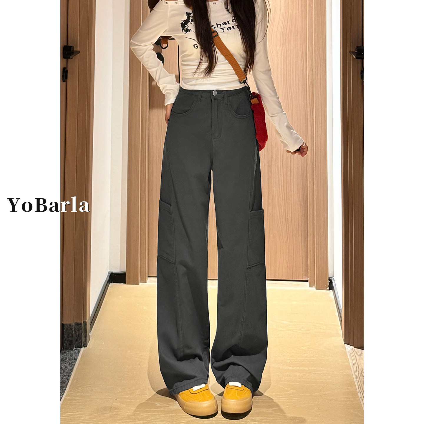 深灰色阔腿工装裤女春季新款大码胖mm宽松显瘦高腰垂感直筒牛仔裤