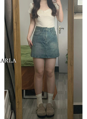 复古蓝牛仔短裙女夏季高腰大码显瘦胖mm梨形身材遮肚子a字半身裙