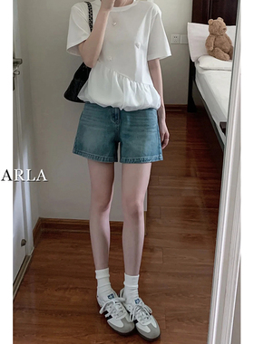 蓝色牛仔短裤女夏新款大码梨形身材胖mm遮肉高腰显瘦a字阔腿热裤