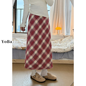 遮肉显瘦中长款 红色格子半身裙女高腰秋冬新款 胖mm大码 毛呢A字裙