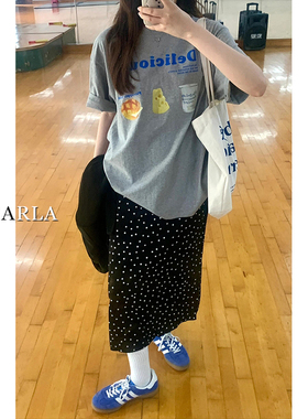 黑色波点西装裙女春季大码胖mm遮肚显瘦梨形身材中长款a字半身裙