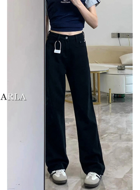 黑色窄版直筒牛仔裤女春季新款胖mm大码显瘦宽松梨形身材阔腿裤子