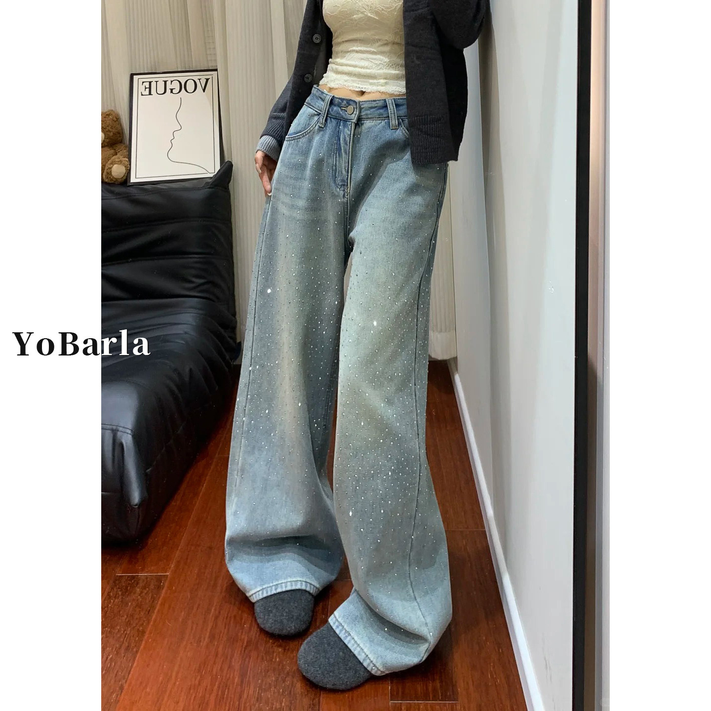 美式烫钻满天星牛仔裤女直筒春季新款大码胖mm宽松高腰显瘦阔腿裤