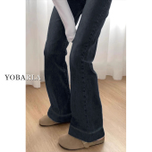 胖mm弹力显瘦梨形身材马蹄裤 蓝灰色高腰微喇牛仔裤 大码 新款 女春季