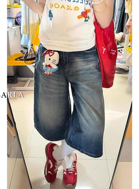 美式阔腿牛仔七分裤女夏季新款大码胖mm梨形身材宽松显瘦直筒裤子