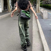 胖mm直筒高腰显瘦宽松阔腿拖地裤 复古绿色牛仔裤 女秋冬加绒大码 子