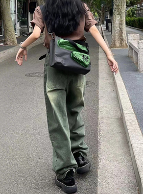 复古绿色牛仔裤女秋冬加绒大码胖mm直筒高腰显瘦宽松阔腿拖地裤子