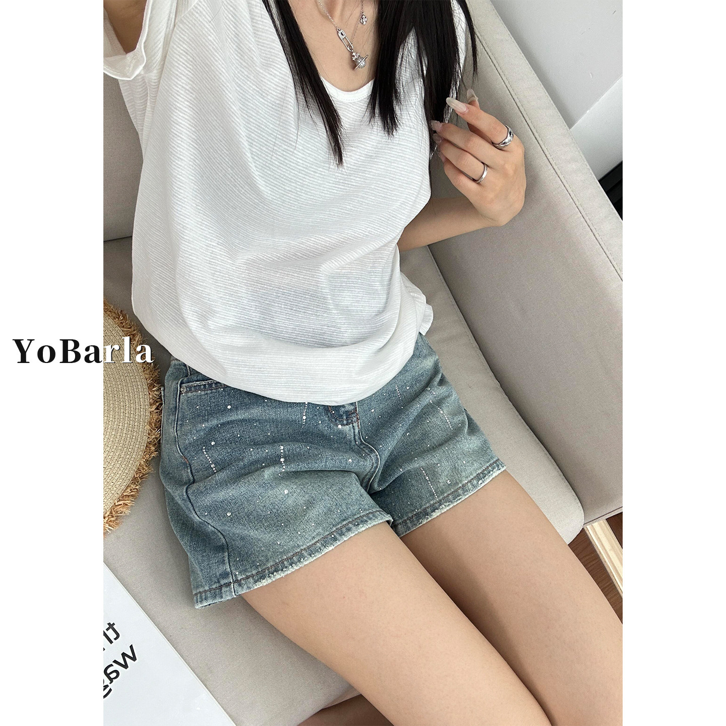 蓝色烫钻阔腿牛仔短裤女夏季新款大码胖mm宽松显瘦高腰a字热裤子