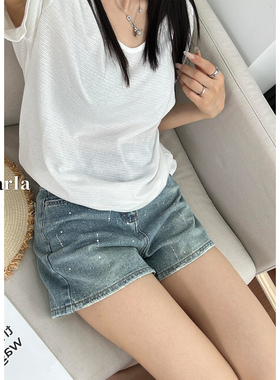 蓝色烫钻阔腿牛仔短裤女夏季新款大码胖mm宽松显瘦高腰a字热裤子